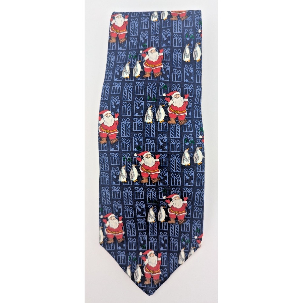 St Nicks Shop Men's 100% Silk Tie Necktie Christmas Santa Claus Penguins Party